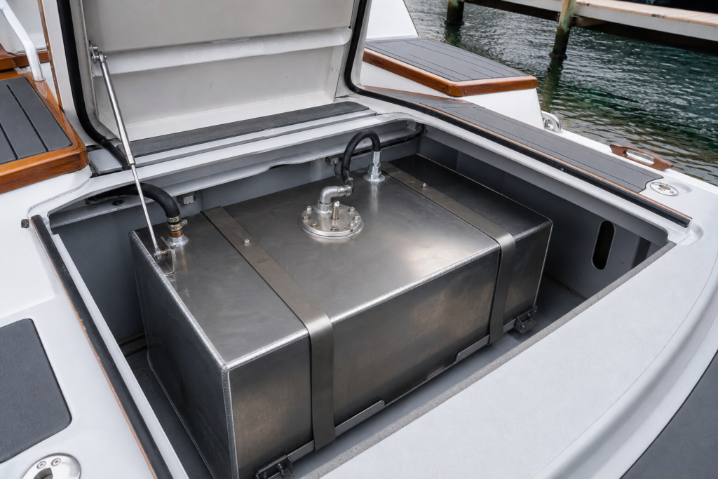 Aluminium marine fuel tank installed beneath a launch deck