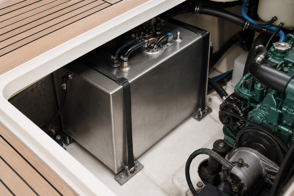 Stainless diesel tank installed beside a yacht engine