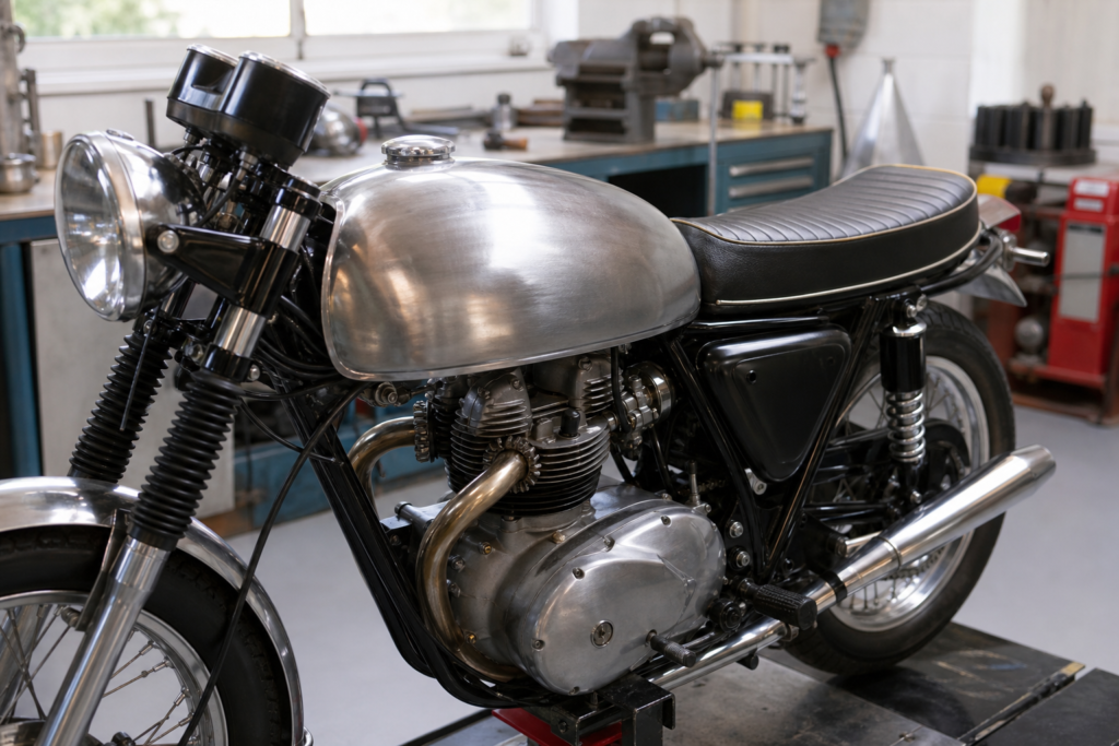 Custom metal fuel tank installed on a classic motorcycle