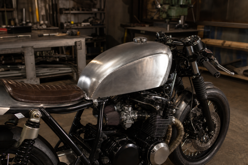 Welded aluminium fuel tank installed on a cafe racer motorcycle