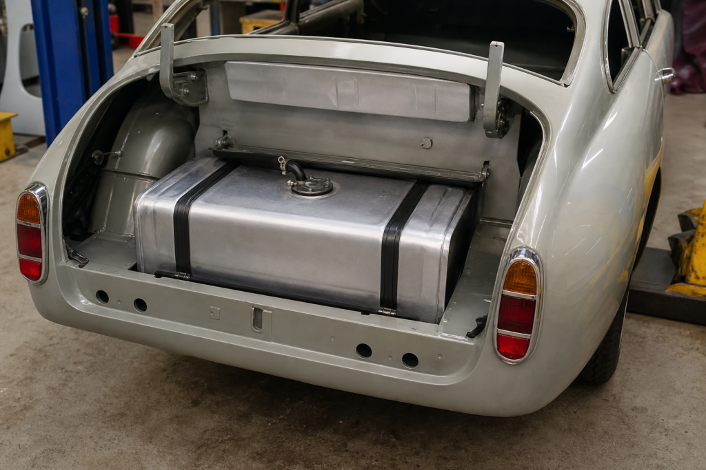 Fabricated fuel tank installed in a classic car boot