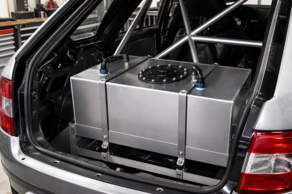 Metal race fuel cell installed inside a competition car