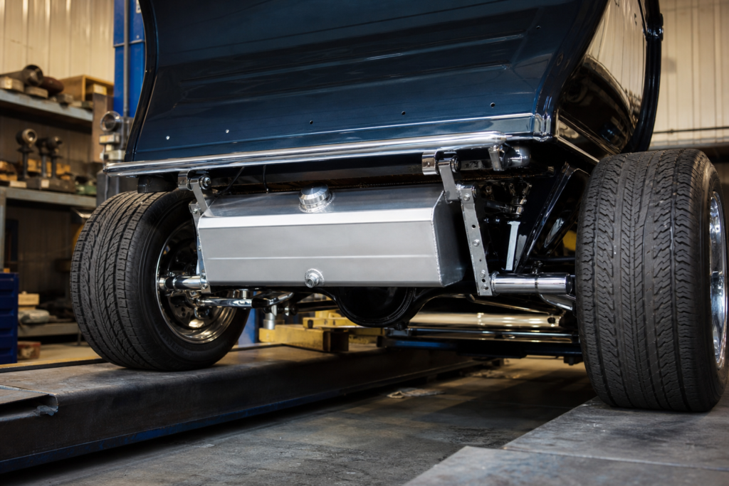 Custom aluminium fuel tank mounted beneath a hot rod