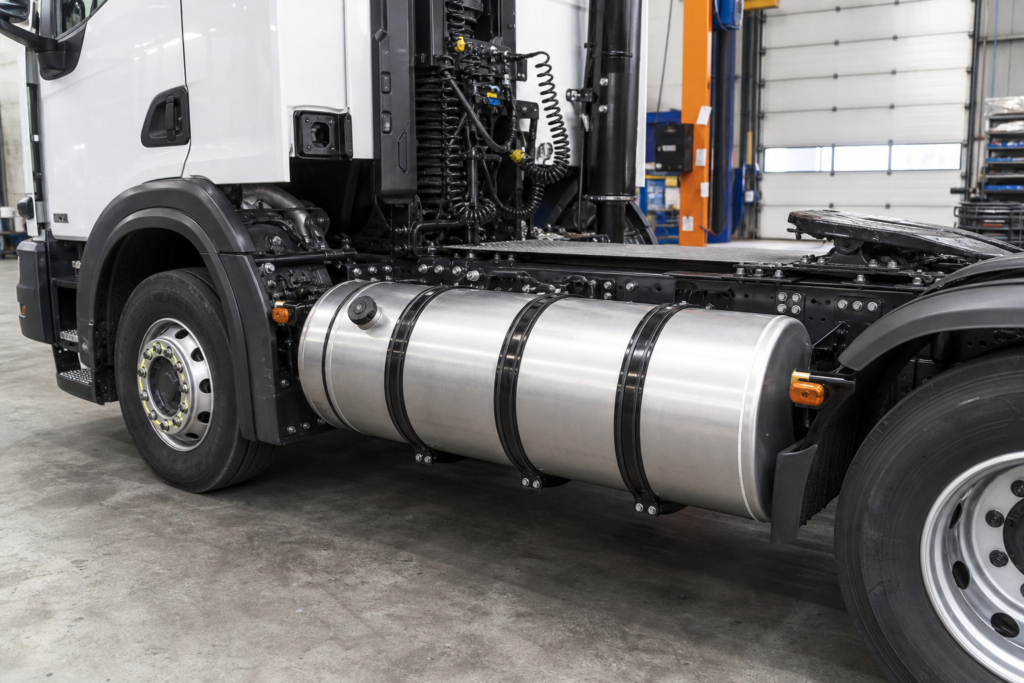 Polished metal diesel tank mounted on a heavy truck