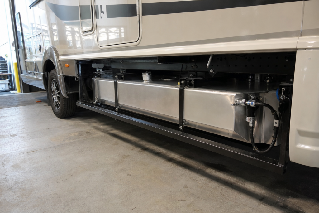Fabricated diesel tank installed beneath a motorhome