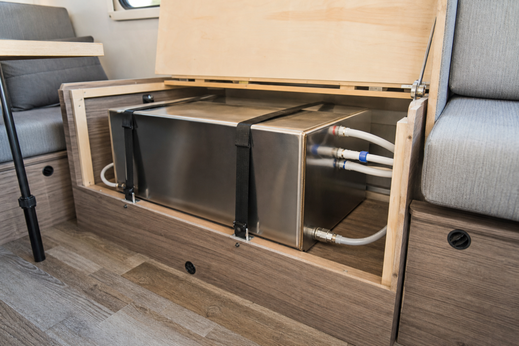 Stainless drinking-water tank installed inside a motorhome